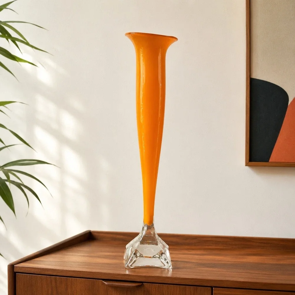 Willsea | O'Brien Orange Art Glass Trumpet Vase Signed Clear Crystal Base